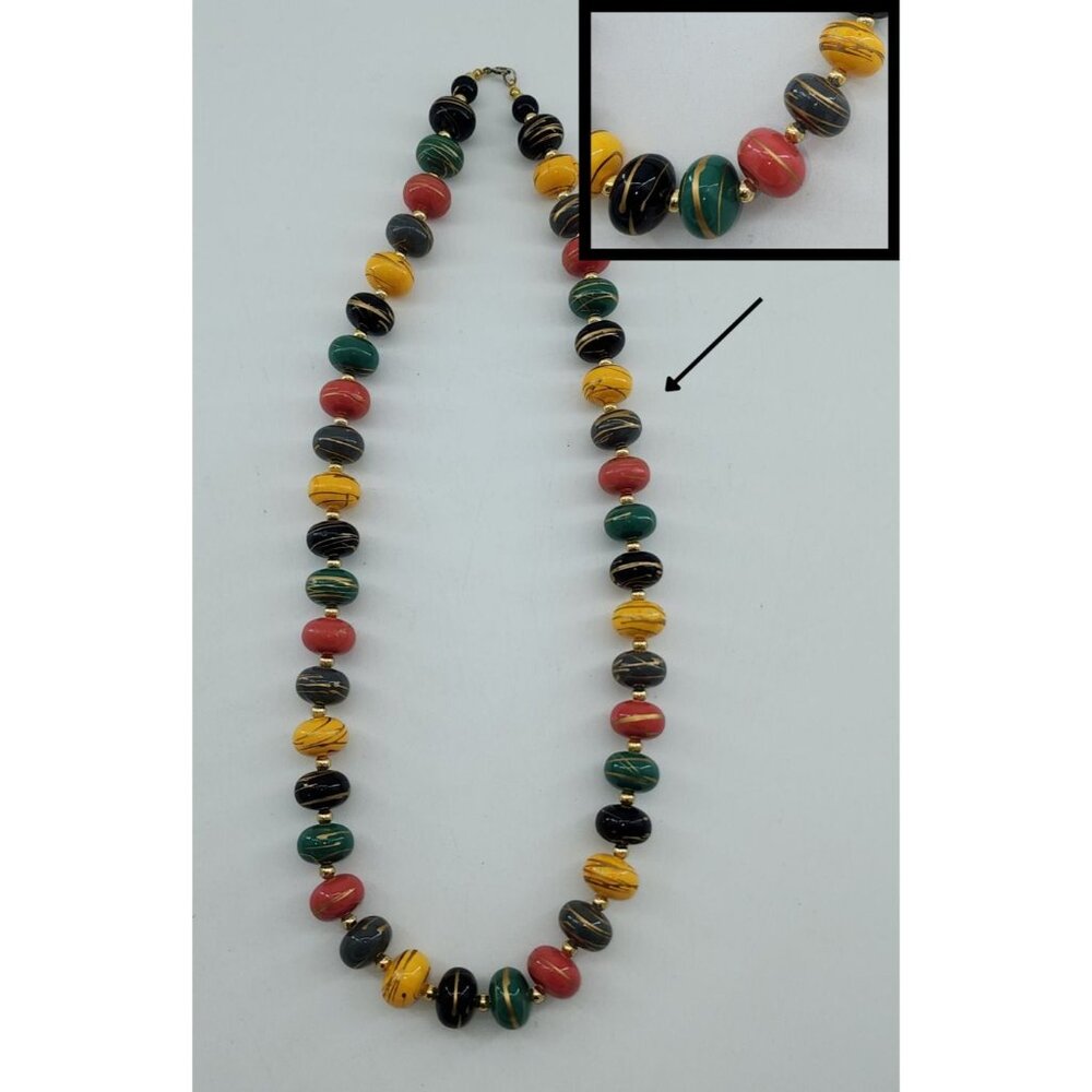Vtg Hand Painted Bohemian Lucite Beaded Multi Color Necklace Gold Tone Spacers‎